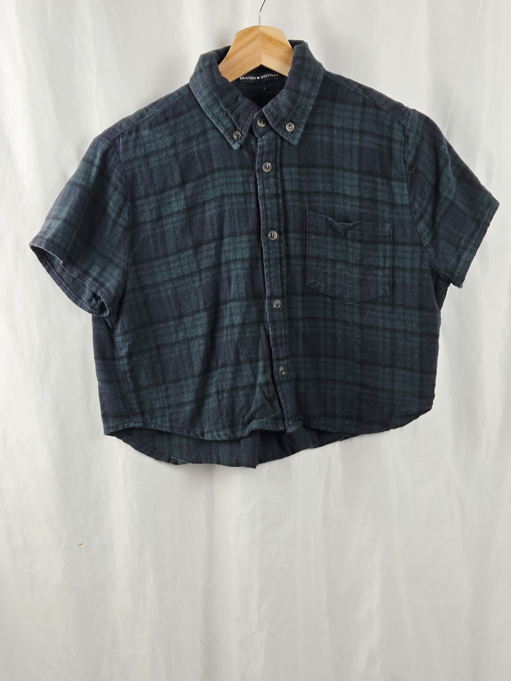 Brandy Melville Plaid Short-Sleeve Button-Down Collar Cropped Top Size XS